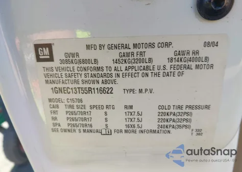 2005 Chevrolet Tahoe Lt из США, поврежденный, VIN 1GNEC13T55R116622